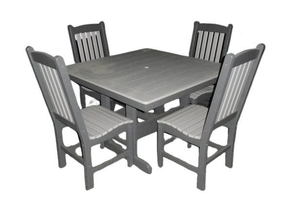 Elegant outdoor dining set with four matching chairs and a square table, crafted from weather-resistant poly lumber in a black and tan finish.