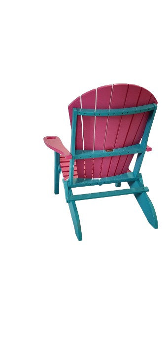 Vibrant pink and teal Adirondack chair with built-in cup holders, offering a bold and stylish touch to any outdoor space.