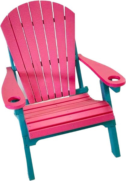 Vibrant pink and teal Adirondack chair with built-in cup holders, offering a bold and stylish touch to any outdoor space.