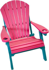 Vibrant pink and teal Adirondack chair with built-in cup holders, offering a bold and stylish touch to any outdoor space.
