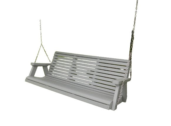 Elegant tan outdoor porch swing with a slatted back and sturdy metal chains, perfect for relaxing in any patio or garden setting.