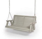 Elegant tan outdoor porch swing with a slatted back and sturdy metal chains, perfect for relaxing in any patio or garden setting.