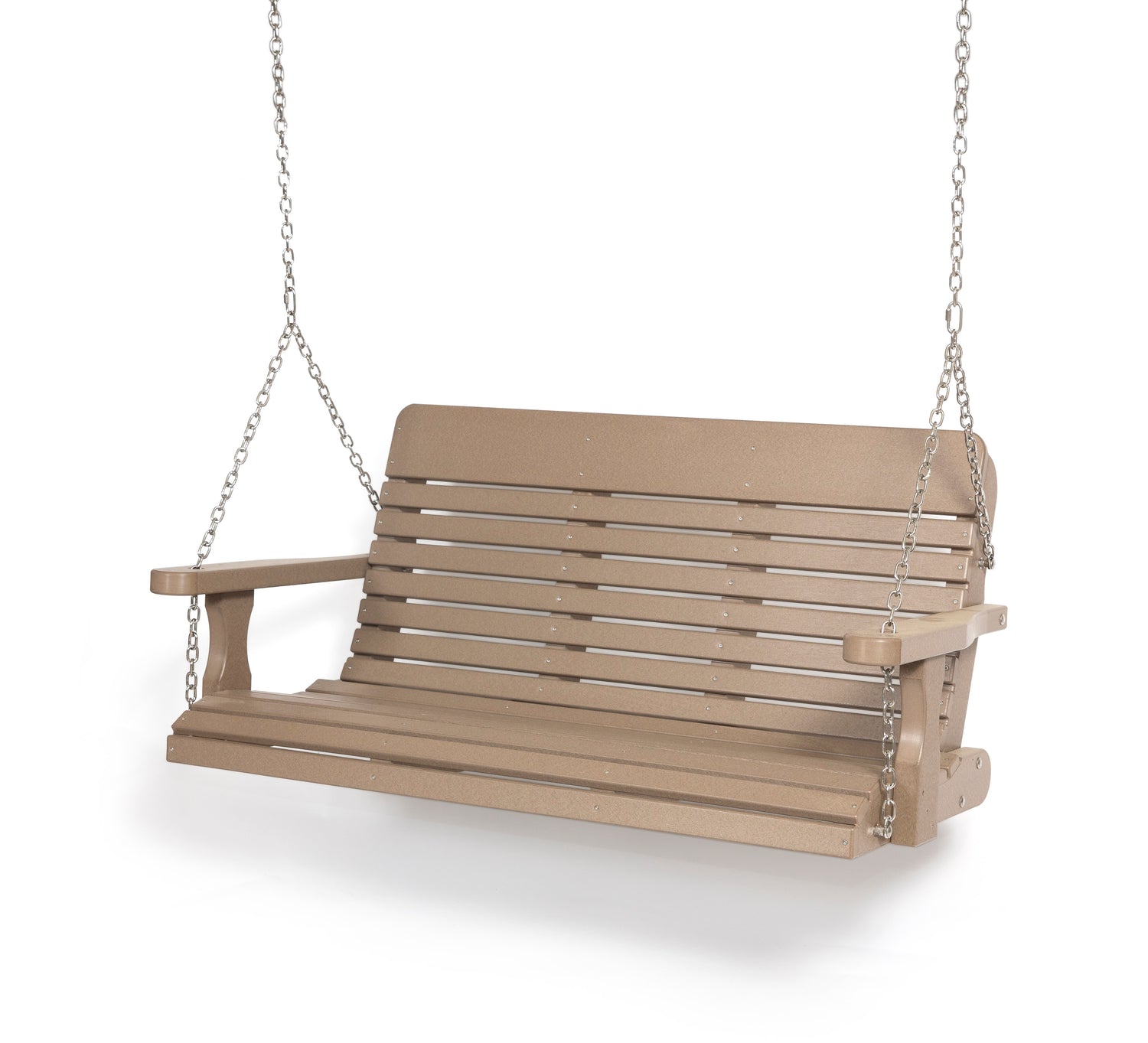 Elegant tan outdoor porch swing with a slatted back and sturdy metal chains, perfect for relaxing in any patio or garden setting.