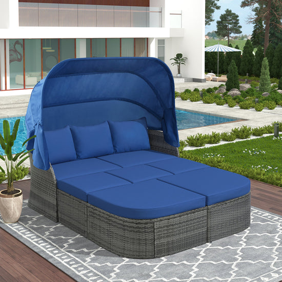 Outdoor Wicker Daybed Set with Canopy | Patio Sunbed Conversation Set