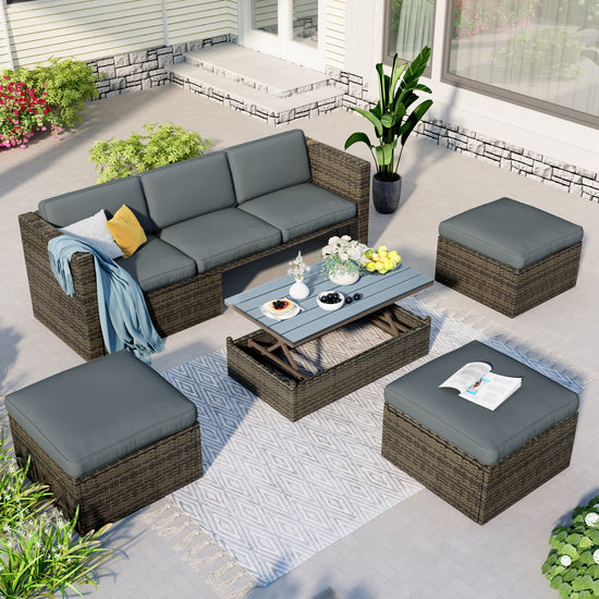 5-Piece Wicker Patio Set w/ Adjustable Sofa, Cushions & Lift Table